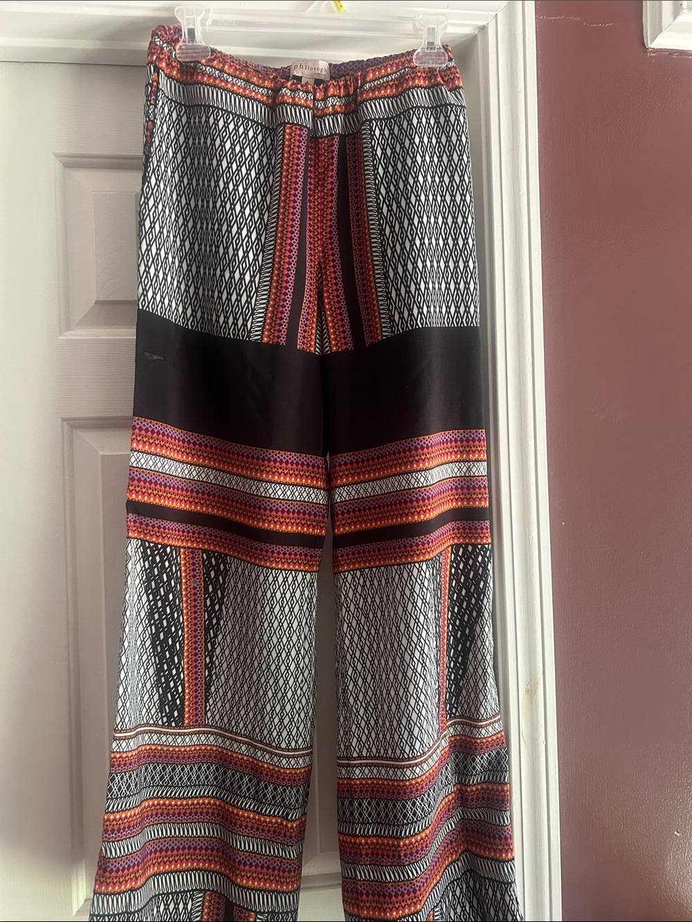Philosophy Wide-Leg Geometric Print Pants in Black, Red and Orange
